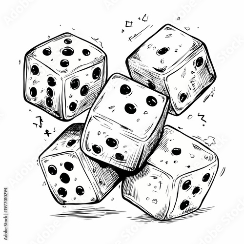 A cluster of five white dice are dynamically positioned against a textured backdrop, representing the essence of probability and games of chance.