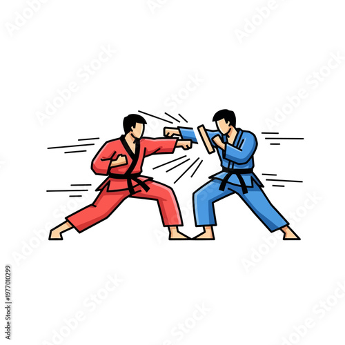 Martial Arts Sparring: Two men in colorful kimonos practicing combat techniques