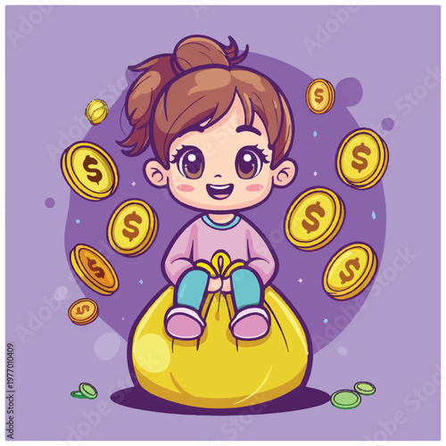Little girl sitting on money bag 2.