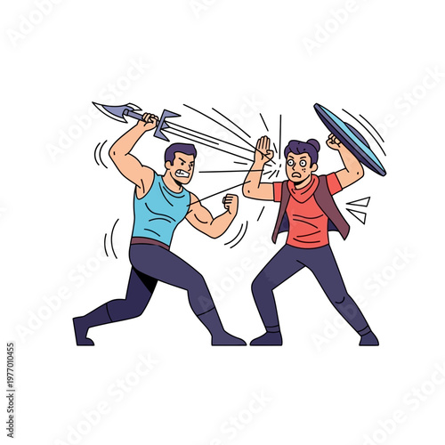 Two cartoon men fighting with swords and shields, action battle scene illustration