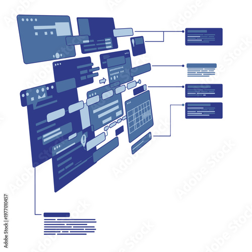 Digital Interface Screens with UI Elements and Data Panels – Technology Concept Illustration