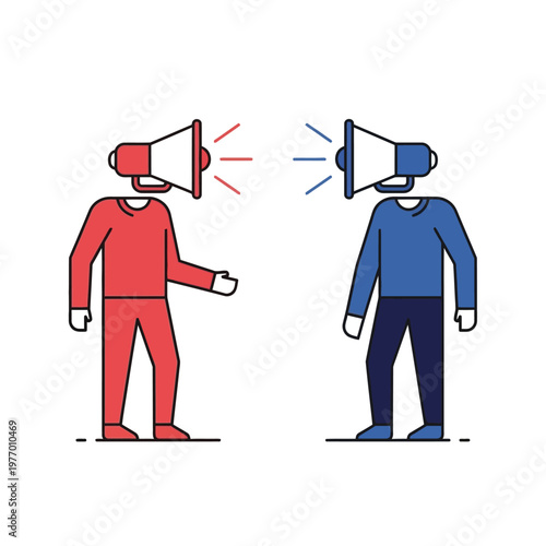 Two figures with megaphones for heads arguing, conflict and communication concept