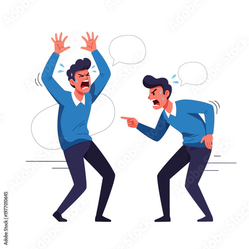 Two men arguing, shouting, pointing fingers, conflict, disagreement, stress, frustration, communication breakdown