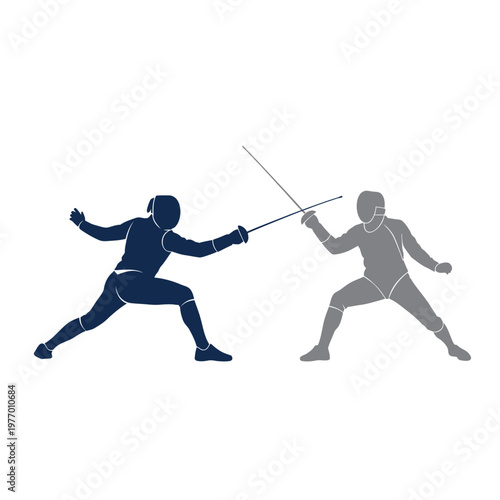 Two Fencers in Silhouette, Sword Fighting Duel on White Background, Sport Concept