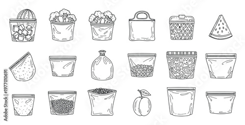 Collection of hand drawn food storage bags and containers featuring fresh produce, frozen ingredients, and empty pouches perfect for grocery packaging and kitchen organization guides