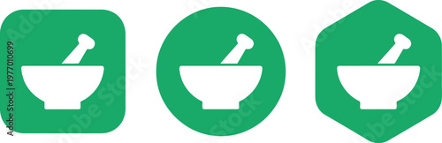 Green mortar and pestle pharmacy icons set, flat vector medical symbols for healthcare and pharmaceutical design