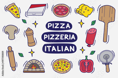 set of pizza doodle with color good for background, wallpaper, element design, icon, etc