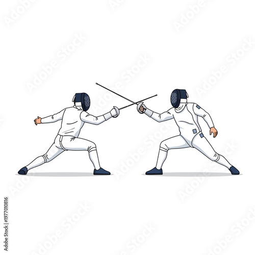 Two Fencers in White Uniforms Sparring with Swords, Focused Competition