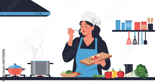 Professional female chef in a uniform and white hat tasting food while cooking in a modern kitchen filled with fresh vegetables.