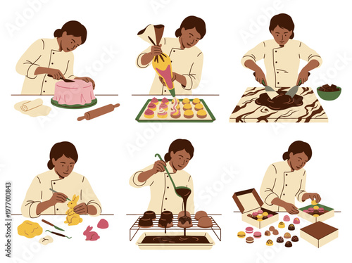 Pastry chef set, professional confectioner decorating cake, piping cream, and tempering chocolate flat illustrations