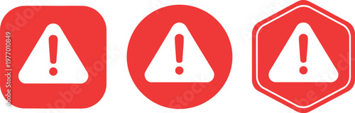 Red warning alert icons set with exclamation mark for caution, error, and notification design