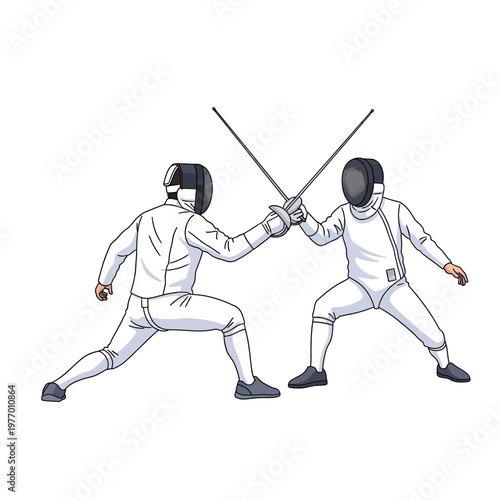 Two Fencers in White Uniforms with Swords, Battling in Competition