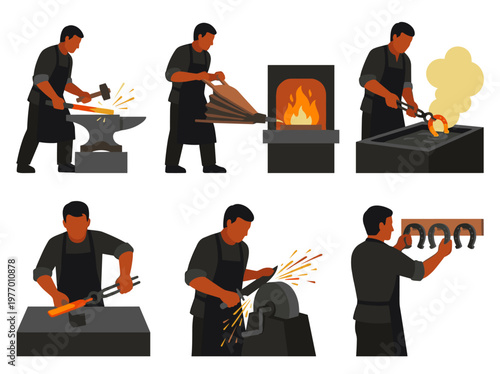 Blacksmith artisan illustrations: forging metal, blowing bellows, cooling horseshoe, sharpening blade, workshop scenes