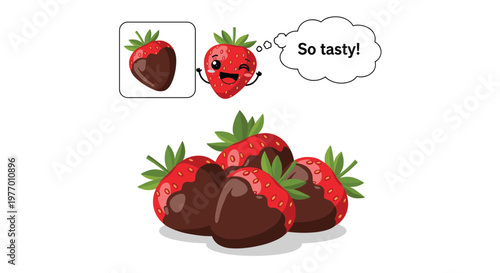 Group of fresh strawberries dipped in dark chocolate with a happy strawberry character expressing delight in a speech bubble.