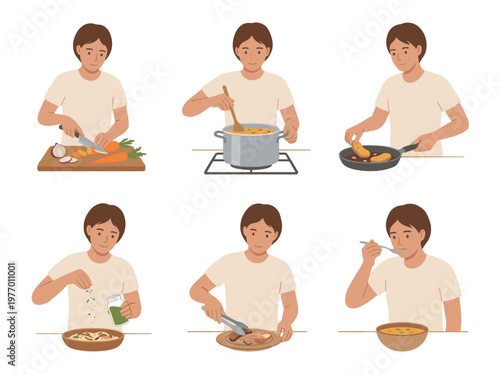 Person cooking set: chopping vegetables, stirring soup, frying, seasoning, plating, and tasting food.