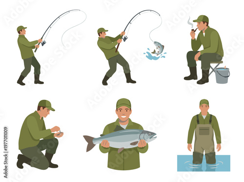 Fisherman character collection, six various fishing activities including casting a rod and catching a fish