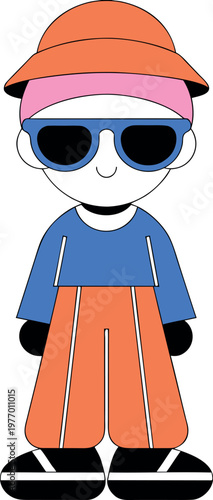 Minimal Flat Vector Cartoon Boy Wearing Oversized Sunglasses Cute Smiling Character