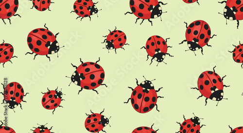 Seamless repeating pattern of red and black ladybugs crawling in different directions on a pale green background for fabric design.