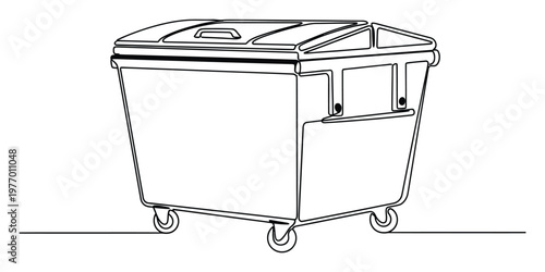 Simple line drawing of a large industrial waste container on wheels, perfect for environmental themes, recycling awareness, or urban sanitation projects.