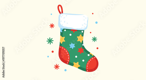 Green and red Christmas stocking decorated with stars and dots surrounded by colorful snowflakes for holiday season decor.