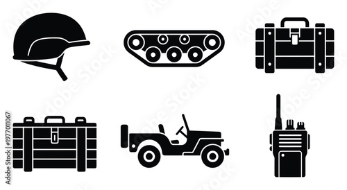 Military equipment and tactical gear black silhouette icons including helmet, tank track, ammo crates, jeep, and walkie talkie for defense and adventure themes.