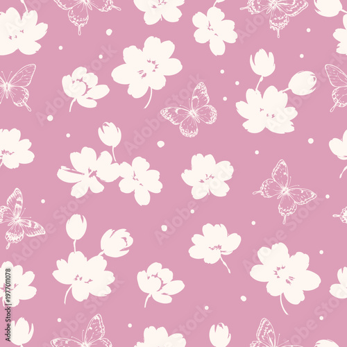 Japanese Sakura Seamless Pattern with Soft Floral Elements for Textile Design