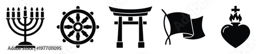 Universal collection of religious and spiritual faith symbols featuring Menorah Dharma Wheel Torii gate prayer flag and Sacred Heart for educational presentations and cultural infographics
