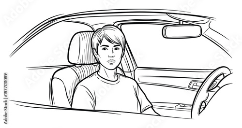 Asian young adult with short hair sitting in the drivers seat of an automobile looking forward, ideal for automotive, travel, or driving education concepts and informational graphics.