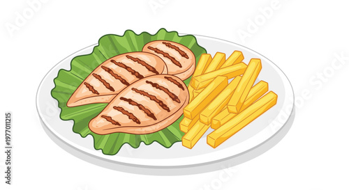 Meal of grilled chicken breast with char marks served on a lettuce leaf with a side of crispy golden french fries on a white plate.