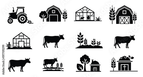 Agriculture farming icons depicting rural life farm machinery livestock animals barns greenhouses and crops for various business presentations infographics or web applications