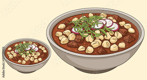 Traditional Mexican pozole soup served in two different sized bowls topped with radish slices, shredded cabbage, and hominy.