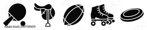 Collection of diverse sports equipment icons including table tennis paddle saddle football roller skates and frisbee for active lifestyle and recreation graphic assets