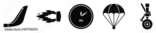 Collection of essential black and white vector icons representing sports, speed, time, and aviation for modern graphic design applications and digital projects
