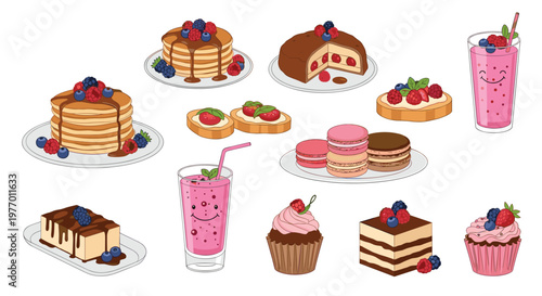 Delightful collection of sweet treats including pancakes with syrup, smoothies, macarons, cupcakes, and tarts with berry toppings.