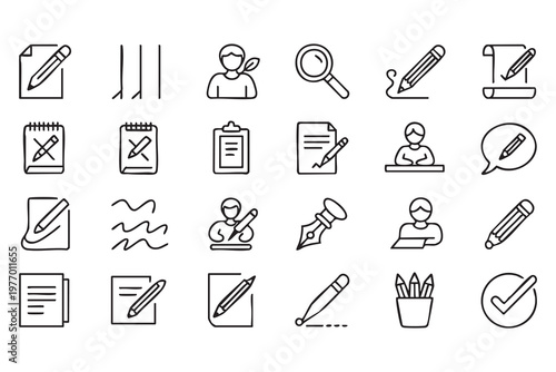Content Writing Icon Pack with Editing Notes and Document Symbols