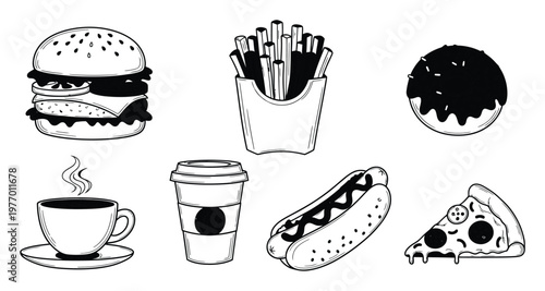 Assortment of classic fast food and beverage icons including hamburger french fries hot dog coffee donut and pizza slice for restaurant menus mobile apps and culinary promotions