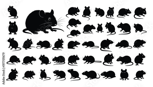 Collection of diverse rat and mouse silhouettes in various positions, perfect for animal biology education, pest control awareness, or wildlife themed graphic projects.