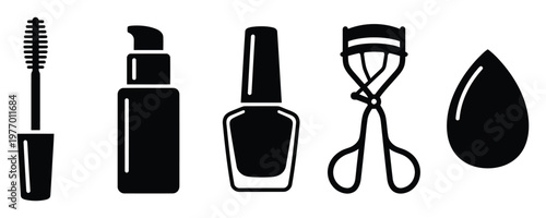 Collection of essential cosmetic product icons including mascara, foundation pump, nail polish, eyelash curler, and beauty blender for beauty branding, marketing materials, and digital