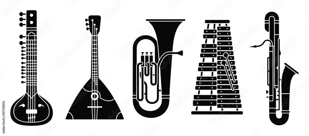 Fototapeta premium Diverse musical instruments silhouettes including sitar, balalaika, tuba, xylophone, and bassoon for music education resources and instrument iconography