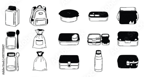Monochrome line art collection of essential food and drink carrying items such as lunchboxes, bento containers, a backpack, bottles, and a thermos, suitable for graphic design projects.