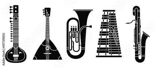 Diverse musical instruments silhouettes including sitar, balalaika, tuba, xylophone, and bassoon for music education resources and instrument iconography