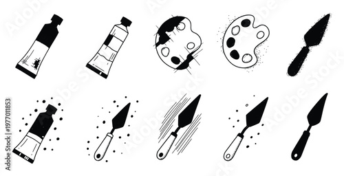 Collection of hand drawn painting tools and artist supplies including paint tubes palettes and palette knives perfect for creative design projects and craft education