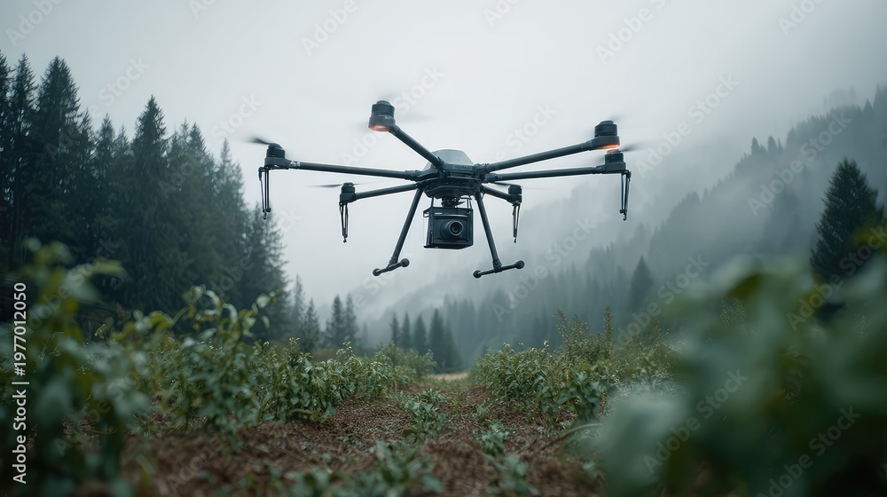 Fototapeta premium Agricultural drone flying over cultivation rows, performing surveillance and collecting data for smart farming, with a misty coniferous forest and mountains in the background