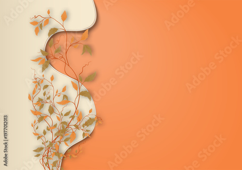 Abstract orange background with watercolor floral branches and paper cut frame