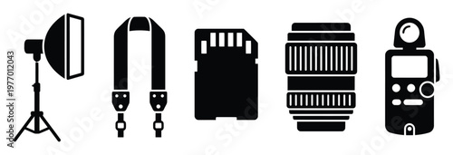 Minimalist photography equipment icons including studio light, camera strap, memory card, photo lens, and flash, ideal for graphic design and photography digital projects.