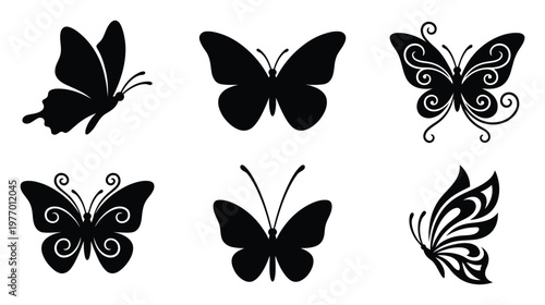 Graceful flying insect silhouettes useful for various graphic projects including logos, emblems, decorative elements, or craft designs for widespread commercial application.