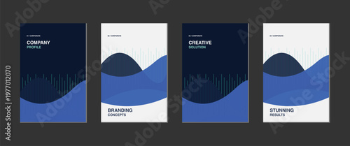 Corporate brochure cover template vector set. Features abstract blue and cyan wavy landscape shapes. Designed for company profiles. poster templates