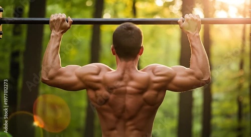 Muscular man performing pull-ups outdoors, back view, strong physique, sunlit forest