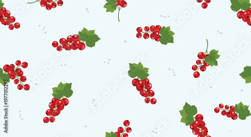 Seamless background pattern of fresh red currant berries with green leaves scattered on a light blue backdrop with dots.