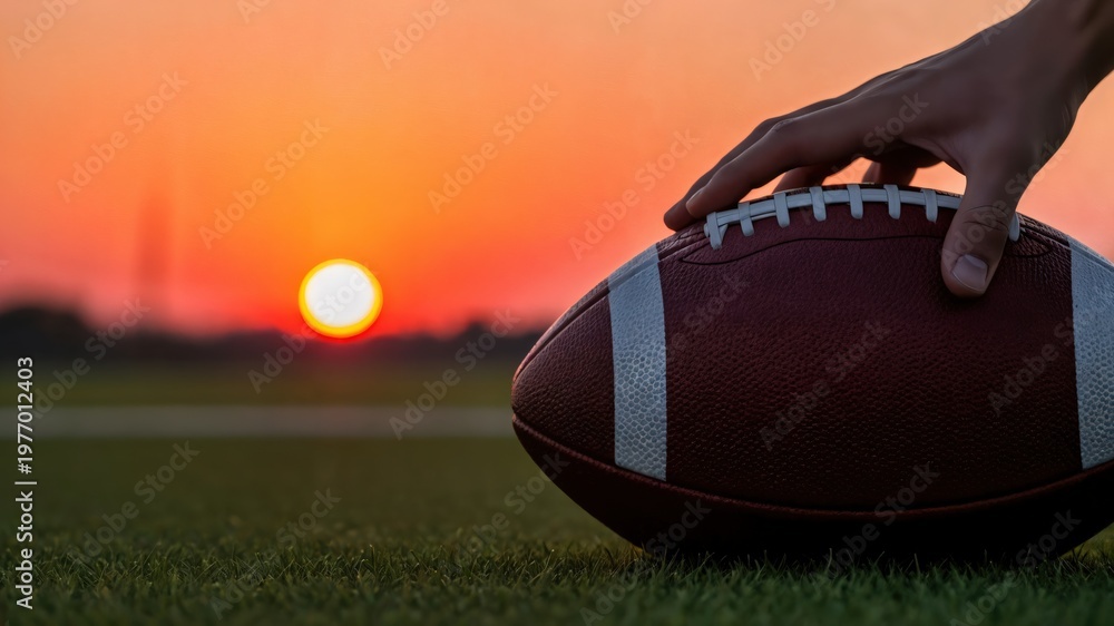 Obraz premium High School Football Player Hand on Ball at Sunset, Friday Night Lights Concept